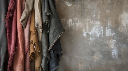 Various distressed fabric scarves in rich earth tones are draped against a wall.