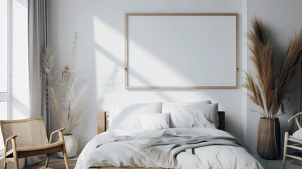 Serene bedroom interior with blank canvas and minimalistic decor