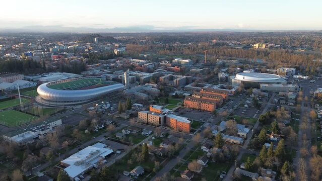 View of college campus from the sky during sunset