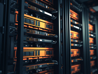 Camera slowly moving in data center showing server equipment with flickering light indicators, close up view. Seamlessly looped photorealistic 3D render animation - obrazy, fototapety, plakaty