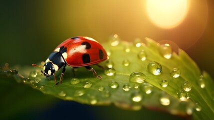 Close-up macro shot of a ladybug bathed in morning sunlight with dewdrops