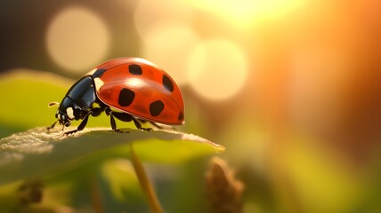 Close-up macro shot of a ladybug bathed in morning sunlight