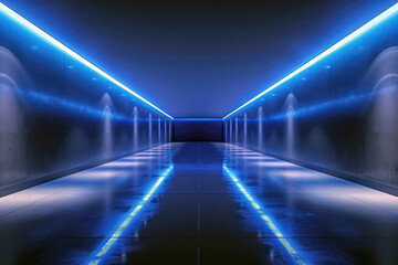 Futuristic blue neon interior in modern architectural space