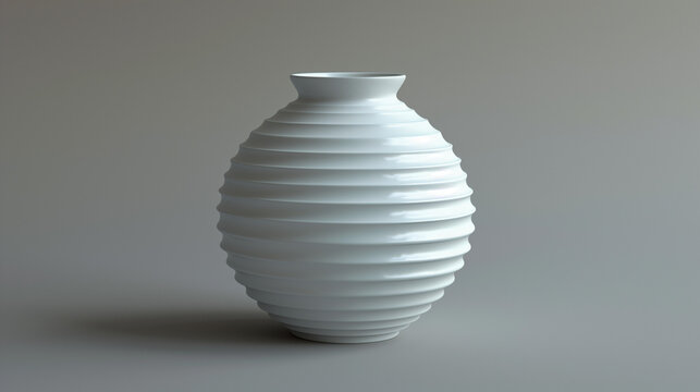 White Ceramic Vase With Horizontal Ridge Pattern on Neutral Grey Background. 3D style imitation. Copy space.