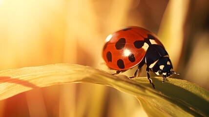 Close-up macro shot of a ladybug bathed in morning sunlight