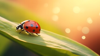 Close-up macro shot of a ladybug bathed in morning sunlight