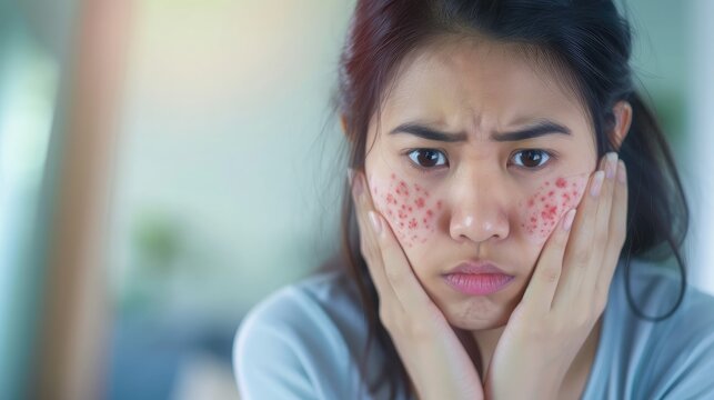 Dermatology scratch asian young woman looking at mirror expression worry and itch itchy allergy or allergic sensitive reaction red spot or rash on her face Beauty care from skin problem treatment