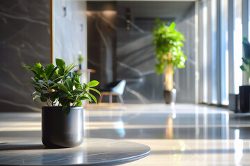 Green pot plant on modern office desk interior
