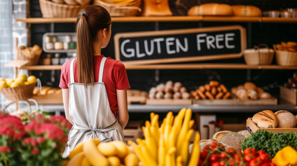 Young woman Shopping for Gluten-Free Products in a Local Bakery, Friendly Shopkeeper at Organic Gluten Free  Market.  - Powered by Adobe