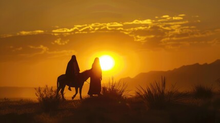 Naklejka premium Silhouette Mary and Joseph journeying through the dessert with a donkey on sunset looking for a place to stay