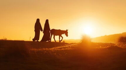 Silhouette Mary and Joseph journeying through the dessert with a donkey on sunset looking for a place to stay