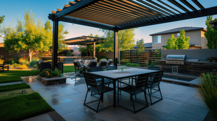 Fototapeta premium Luxurious outdoor dining area with pergola and garden views