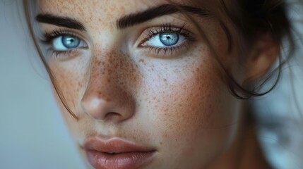 woman with freckles and blue eyes is facing one direction, close up, photo taken with provia
