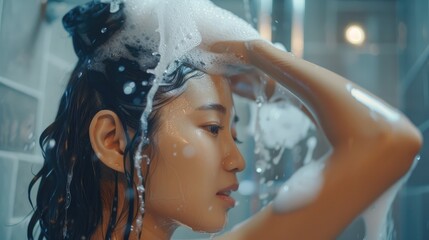 Woman washing hair with shampoo and shower in bathroom Asian female body and hair care with foam to freshness Spa and Health care - obrazy, fototapety, plakaty