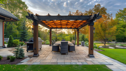 Luxurious outdoor dining area with pergola and garden views