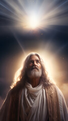 Portrait of a Prophet with long gray hair and gray beard, bright light behind him, dark background, copy space, vertical background 9:16	
