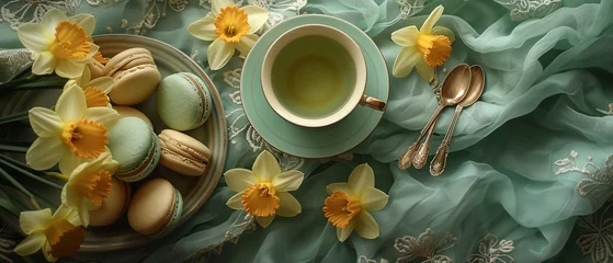 Fototapeten Vintage Spring Tea Time Flat Lay   © Kristian