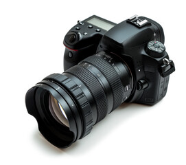 A sleek, professional DSLR camera with a zoom lens, captured in high detail against a pristine white background with copyspace. Ideal for concepts of photography, technology, and art.