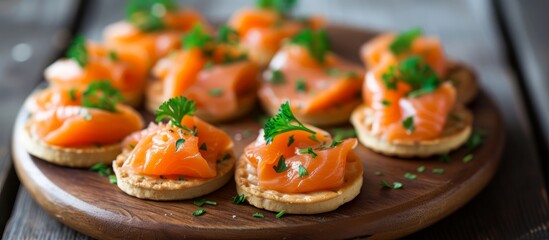 Wooden Plate with Mini Sandwiches Topped with Smoked Salmon, Delicious Gourmet Appetizer