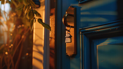 House key in the lock of the front door of an apartment building - obrazy, fototapety, plakaty