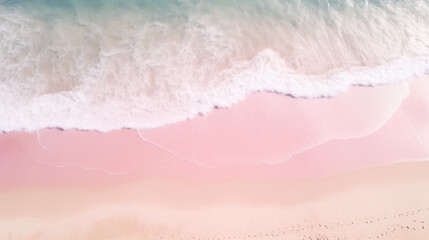 Fototapeta na wymiar Serene Pink Sand Beach With Crystalline Waters From Above. Background, wallpaper.