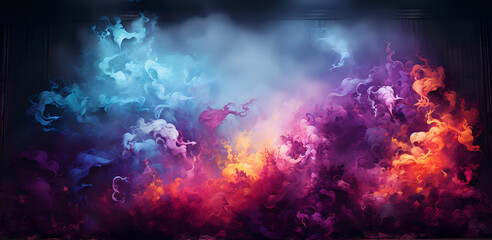 Vivid Spectrum Smoke Art on Dark Stage Backdrop. Dynamic swirls of multicolored smoke against a dark stage setting, perfect for vibrant background graphics and creative design projects.