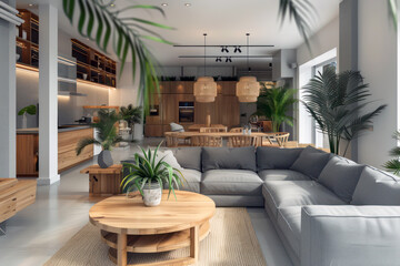 Stylish modern office lounge with indoor plants and designer furniture