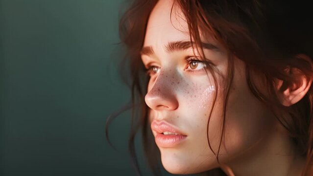 A young woman with a scar on her cheek and a distant look in her eyes struggling to move on from her abusive relationship, Close-Up Portrait of a female With Freckles on Her Face