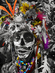 Vivid Memento Mori: A Kaleidoscope of Tradition and Color in a Floral Skull Headdress