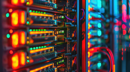 A bright server room with network cables and LED lights in a data center - obrazy, fototapety, plakaty