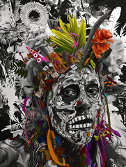 Vivid Memento Mori: A Kaleidoscope of Tradition and Color in a Floral Skull Headdress