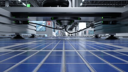 Obraz premium Solar panel placed on conveyor belt, moving around facility in high voltage area, 3D render. Close up shot of blue photovoltaic cell sitting on assembly line in manufacturing warehouse