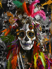 Vivid Memento Mori: A Kaleidoscope of Tradition and Color in a Floral Skull Headdress