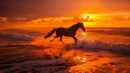 Abwaschbare Fototapete Fiery Sunrise Beach Gallop by Elegant Horse AI Generated. © AnimalAI