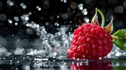 raspberry in black background with water splash