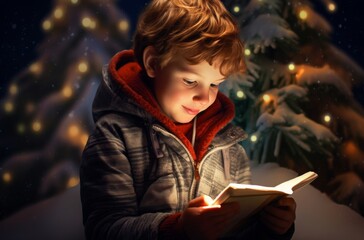 Fototapeta na wymiar A young boy, bundled up in winter clothing, finds joy in the magical world of books amidst the snowy christmas season