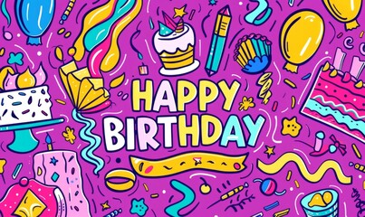 a colorful birthday design with confetti, cake and balloons Generative AI