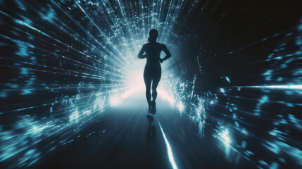 Fototapeta na wymiar Futuristic runner in neon tunnel