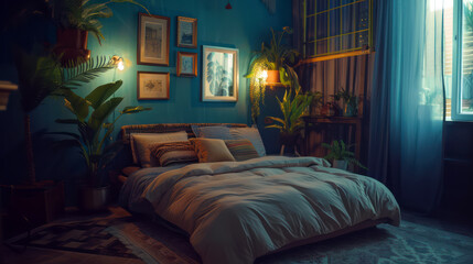 Modern cozy bedroom interior with plants and morning light