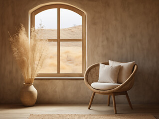 Serene Desert View From a Modern Earthen Interior, Wicker Chair. Minimalistic interior in warm colors. The best place to read a book.