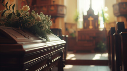 Serene Church Funeral Service With Casket and Floral Arrangement - obrazy, fototapety, plakaty