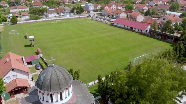 Aerial View of Ortodox Church in Town of Temerin on beautiful sunny day