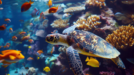 Graceful sea turtle swims among bright coral reefs in an ocean ecosystem