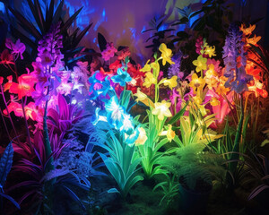 Fototapeta na wymiar A garden where every flower emits its own neon glow creating a rainbow of light with animal shadows telling tales of angels and devils