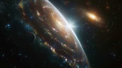 Stunning outer space galaxy with a bright planetary body in space - obrazy, fototapety, plakaty