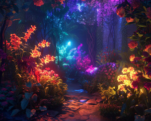 Fototapeta na wymiar A garden where every flower emits its own neon glow creating a rainbow of light with animal shadows telling tales of angels and devils