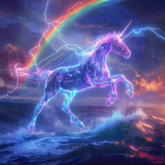 A majestic animal made of pure light galloping across a neon rainbow bridge spanning the sea to the heavens