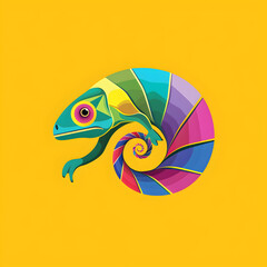 A logo illustration of a vibrant chameleon on a yellow background. Created with generative AI.