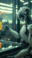 A robot and a human sharing ideas over a holographic workbench creating sustainable tech in a green factory