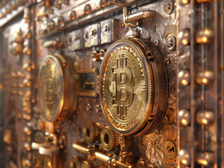 A time travelers bank where ancient coins and modern bitcoins are exchanged powered by futuristic technology